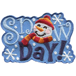The words Snow Day! make up this patch. A snowperson in a red and yellow scarf wearing a toque replaces the O.