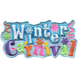 White text with a blue outline spells out 'Winter' and alternating purple, green, orange, pink, and yellow letters spell out 'Carnival'. Winter is stacked on top of carnival. The patch is decorated with snowflakes, streamers, and confetti.