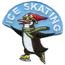 A penguin dressed in a red hat and a green scarf pushes off with his left skate. He's holding a chunk of ice that says ''Ice Skating'' at head level with his extended flippers.