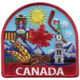 This patch displays a wide variety of Canadian culture, including a beaver, stalks of wheat, a maple leaf, Canada\'s parliament building, a hockey stick, a totem pole, sunshine, mountains, snow, and grasslands.