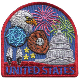 This patch displays a wide variety of American culture including: the White House, a baseball mit and ball, a dreamcatcher with feathers, a bald eagle, Fourth of July fireworks, and stars.