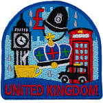 The words United Kingdom are underneath a myriad of British-themed symbols.