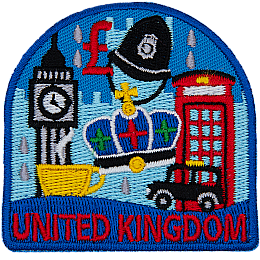 The words United Kingdom are underneath a myriad of British-themed symbols.
