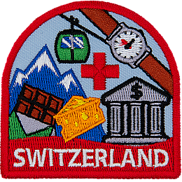The word Switzerland is below a myriad of Swiss-themed symbols.