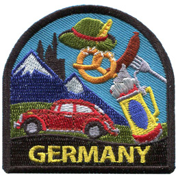 This crest is decorated with objects that Germany is known for. This includes: the alps, a Volkswagen,the Neuschwanstein Castle,Weinersnitchels, and Laugenbrezel. At the bottom of the patch is the word 'Germany.'