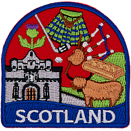 This patch displays a wide variety of Scottish culture including: a yak, a castle, a golf club and ball, a kilt and bagpipes.