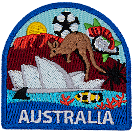 This patch displays a wide variety of Australian culture including: a kangaroo, they Sydney Opera House, a spider, a shark fin, a clown fish, the Great Barrier Reef, Ayers Rock, and a soccer ballfoot ball.