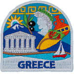 This patch displays a wide variety of Grecian culture including: Mount Olympus, a Grecian bust, the Parthenon, a branch with black olives, and pottery.