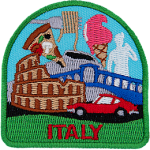 This badge has symbols of Italy, including pizza, gelato and pasta.