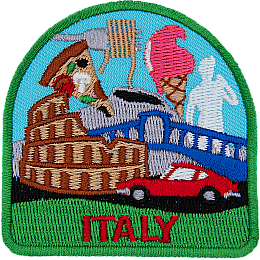 This badge has symbols of Italy, including pizza, gelato and pasta.