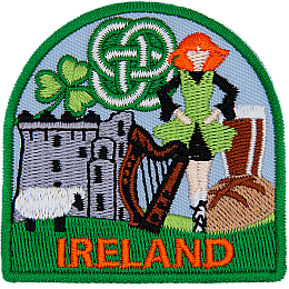 This patch displays a wide variety of Irish culture, including a highland dancer, Trim Castle, a sheep, a shamrock, and a Celtic knot.