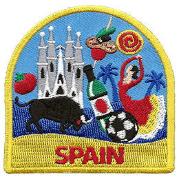 The word Spain is written under a myriad of Spanish-themed symbols.