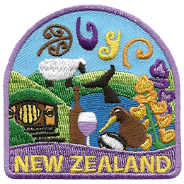 Rolling hills, sheep, flowers, kiwi, wine, and more decorate this New Zealand patch.