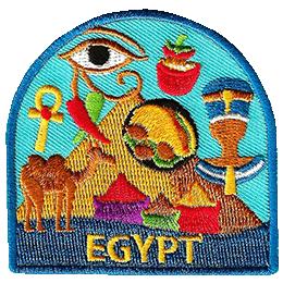 A collection of Egyptian symbols are in front of a pyramid. Such as a camel, pharaoh, bags of spices, and the eye of Ra.