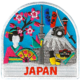 Symbols of Japanese culture are above the word Japan. 