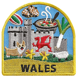 A welsh castle, corgi, sheep and leek are amongst the many symbols of Wales on this patch. The name Wales is at the bottom.