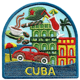 The word Cuba is below a collection of symbols from Cuba, including coffee, a cigar and a beach.