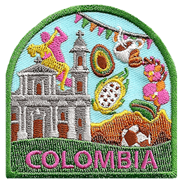 Symbols of Columbian culture are above the word Columbia. 