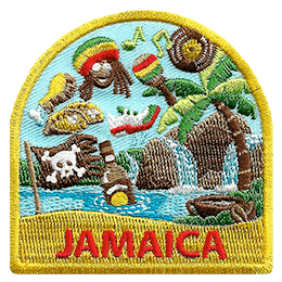 Symbols of Jamaican culture are above the word Jamaica.
