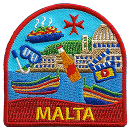 Various symbols of Malta, such as scuba gear and beer, are scattered across a coastal scene.