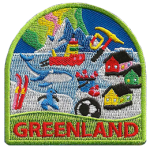 Various symbols of Greenland, such as a whale, houses by the water, skis, ice climbing gear and a fishing boat, are scattered across an icy landscape.