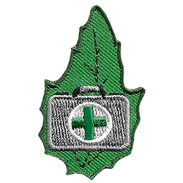 A green leaf with a first aid kit on it. A green cross is on the first aid kit.