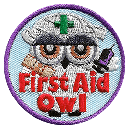A grey owl covered in bandages, holding a syringe and a bandaid. The words First Aid Owl are across the bottom.