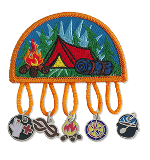 This set is comprised of the Camping patch, First Aid charm, Knots charm, Campfire charm, Compass charm, and Cooking charm.