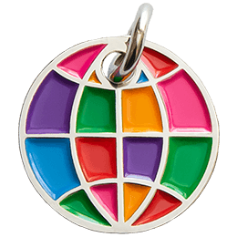 A multi-coloured globe has been turned into a decorative metal charm.