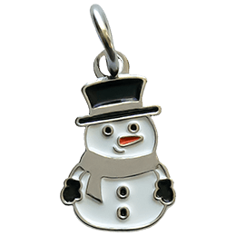 This snowperson metal charm wears a top hat, scarf, and mittens.
