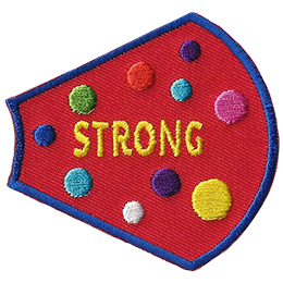 The word Strong is surrounded by multicolour polka-dots on a red background.