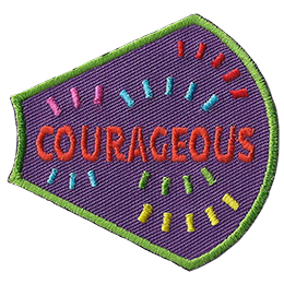 The word Courageous is surrounded by multicoloured confetti on a purple background. 