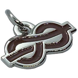 This metal charm is shaped like a figure of eight. It depicts a rope in the figure of eight knot right before it is pulled tight.