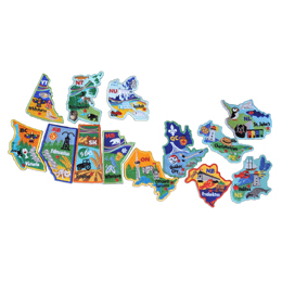 A geographic image of the country Canada is formed using 13 patches, each one representing a Canadian province or territory. Each crest is decorated with the name of the province/territory, the capital city, and famous landmarks or icons to represent the culture of the province/territory.