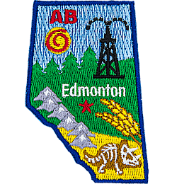 This patch is shaped like the province of Alberta and decorated with the Rocky Mountains, trees, wheat, fossils, and a derrick.