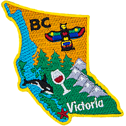 This badge is shaped like the province of British Columbia. It is decorated with BC symbols and its coastline.