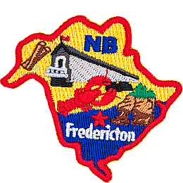This crest is shaped like the province of New Brunswick. Decorating it are the initials NB, the Heartland Covered Bridge, a lobster, the coast, and the capital city Fredericton.
