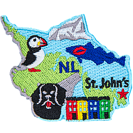 This crest is shaped like the province of Newfoundland and Labrador. Decorating it are the initials NL, a cod with a red kiss mark on it, a dog, a puffin, the ocean, and the capital city St. John's.