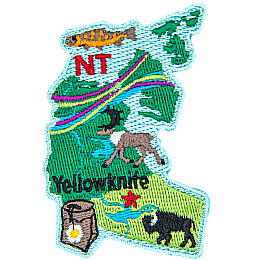 This patch is shaped like the Northwest Territories, decorated with an Arctic Grayling fish, the aurora borealis, a caribou, a mountain avens flower, a buffalo, and Yellowknife.
