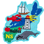 This crest is shaped like the province of Nova Scotia. Decorating it are the initials NS, a lobster, a lighthouse, an apple, a whale, a sailing ship, the ocean, and the capital city Halifax.