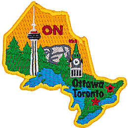 This patch is in the shape of the Canadian province of Ontario decorated by the Canadian Shield, a forest, a great lake, the parliament building and the CN Tower.