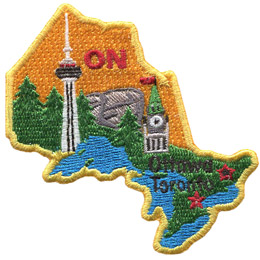 This patch is in the shape of the Canadian province of Ontario decorated by the Canadian Shield, a forest, a great lake, the parliament building and the CN Tower.