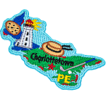 This patch is in the shape of the Canadian province of Prince Edward Island. A potato, lighthouse, wide-brim straw hat, and golf club are all displayed as well as the location of Charlottetown.