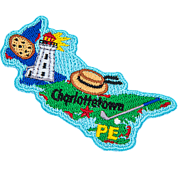 This patch is in the shape of the Canadian province of Prince Edward Island. A potato, lighthouse, wide-brim straw hat, and golf club are all displayed as well as the location of Charlottetown.