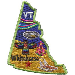 This patch is in the shape of the Canadian territory of Yukon, with the following symbols; the aurora borealis, gold panning, a totem pole, a dog sled, and Whitehorse.