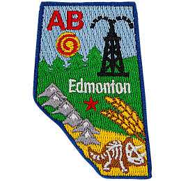 This patch is shaped like the province of Alberta and decorated with the Rocky Mountains, trees, wheat, fossils, and a derrick.