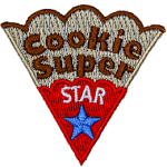 The words Cookie Super Star are on a slice of a cookie with red icing and a blue star.