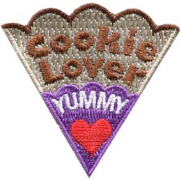 The words Cookie Lover Yummy are on a cookie slice with a red heart and purple icing.