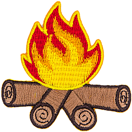 A campfire with yellow, orange and red flames and four logs of wood.