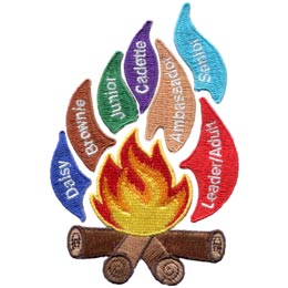 A campfire with multicoloured flames that represent each USA Scouting rank.